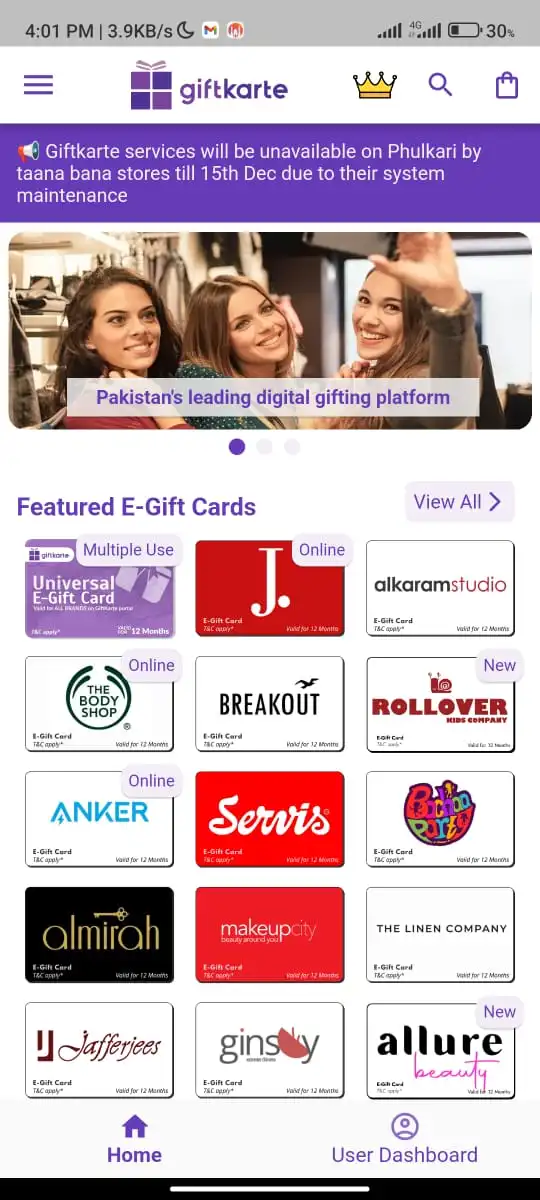 GiftKarte mobile app interface on iPhone X